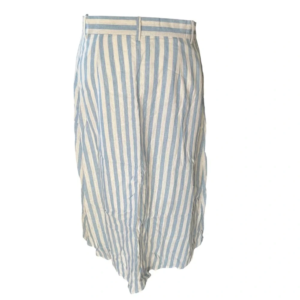 Everly Blue White Striped Linen Blend Button Front Midi Skirt Womens Large‎
